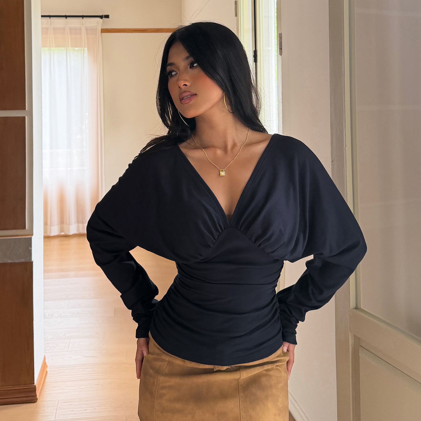 Winter Clothes - Elegant V Neck Tops Solid T