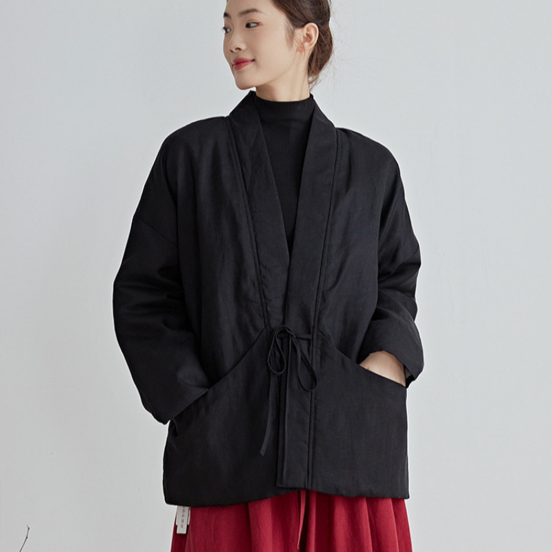 Traditional Winter Japanese Clothing - Chinese Style Cotton Outwear Black Winter