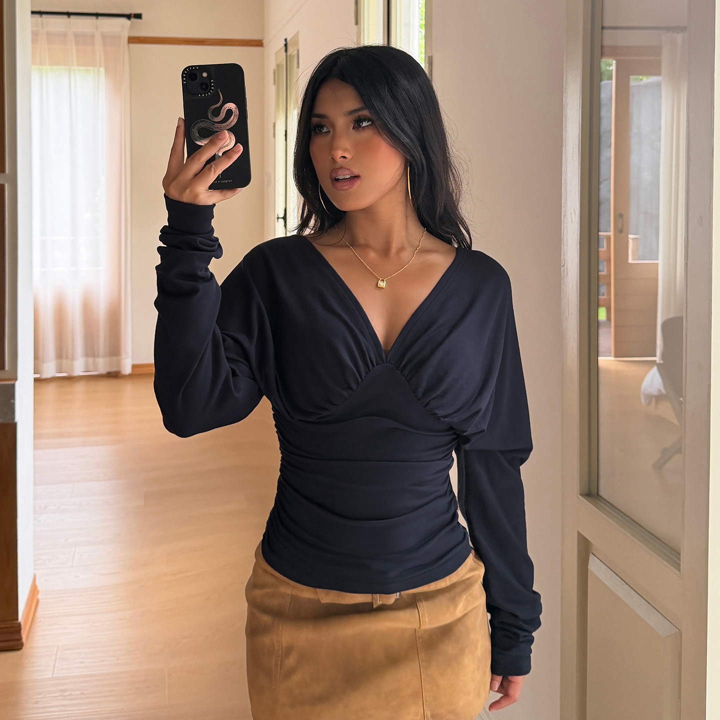 Elegant V Neck Tops Solid T Sh - Winter Clothes ulasan dan harga