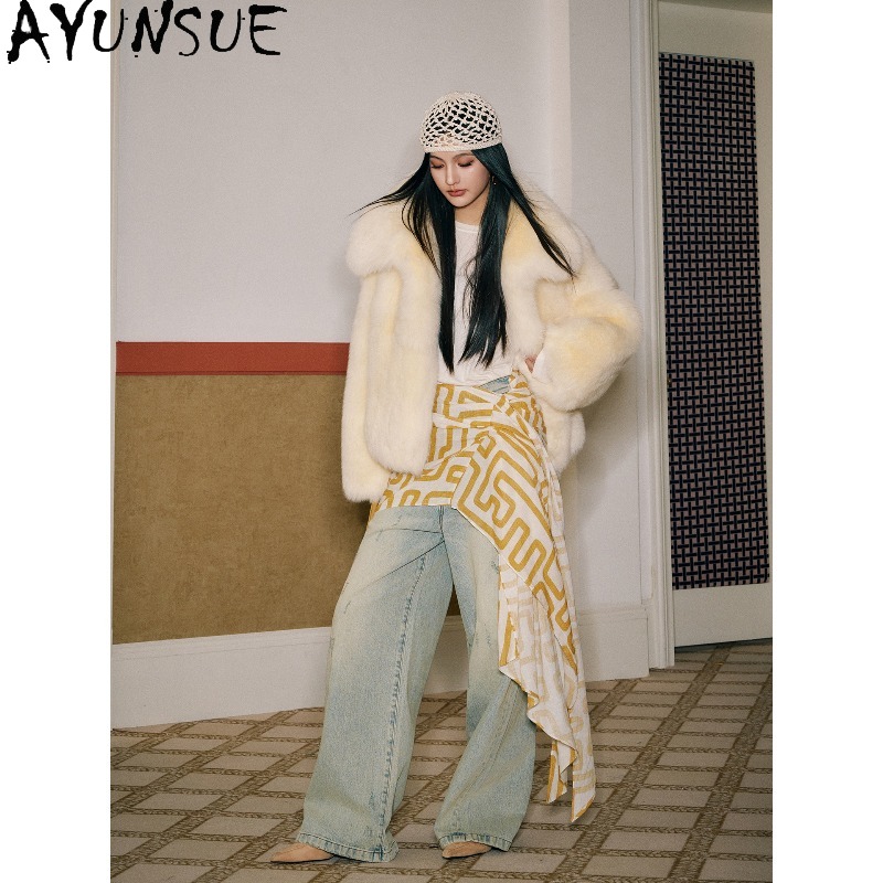 AYUNSUE Real Fox Fur Coats Wom - Yellow Winter Clothing ulasan dan harga